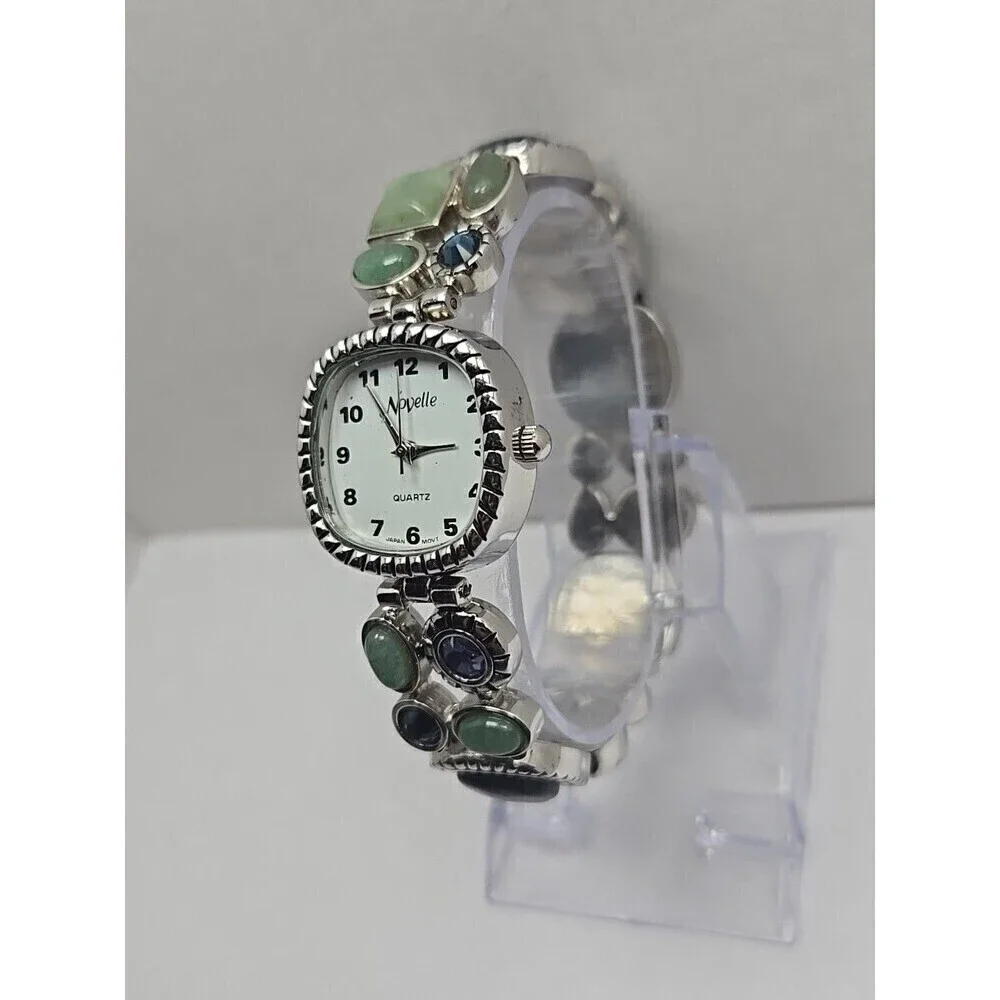Novelle Gemstone Bracelet Watch Aventurine Blue Cabochon Silver Tone New Battery